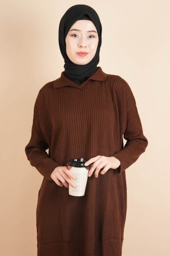 Polo Yaka Dik Fitilli Tunik Kazak Kahverengi - 1