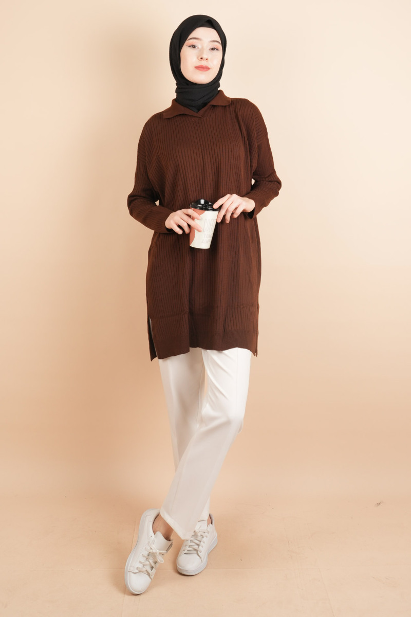 Polo Yaka Dik Fitilli Tunik Kazak Kahverengi - 2