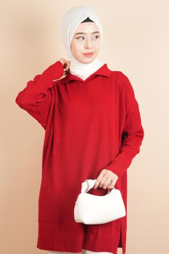 Polo Yaka Dik Fitilli Tunik Kazak Kırmızı 
