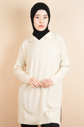 Polo Yaka Dik Fitilli Tunik Kazak Krem 