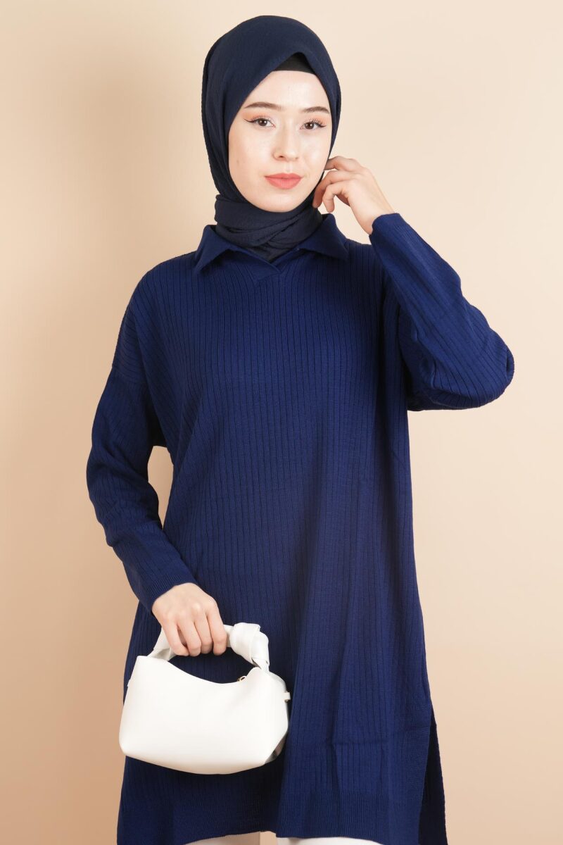 Polo Yaka Dik Fitilli Tunik Kazak Lacivert - 1