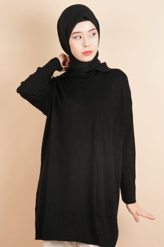 Polo Yaka Dik Fitilli Tunik Kazak Siyah 