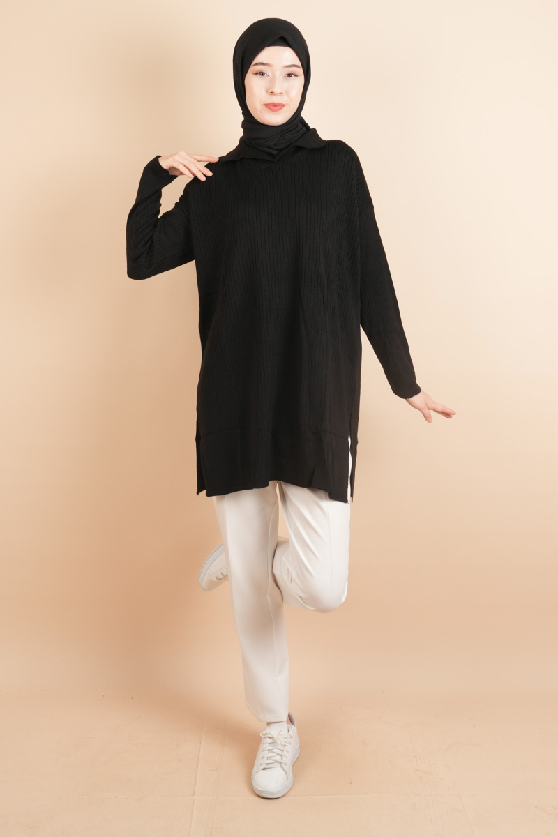Polo Yaka Dik Fitilli Tunik Kazak Siyah - 2