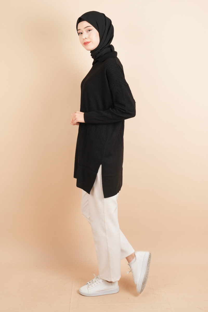 Polo Yaka Dik Fitilli Tunik Kazak Siyah - 3