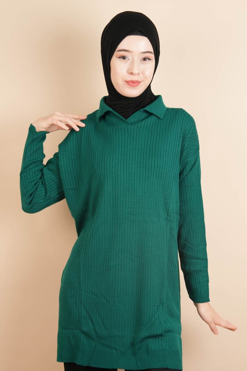 Polo Yaka Dik Fitilli Tunik Kazak Zümrüt - 1