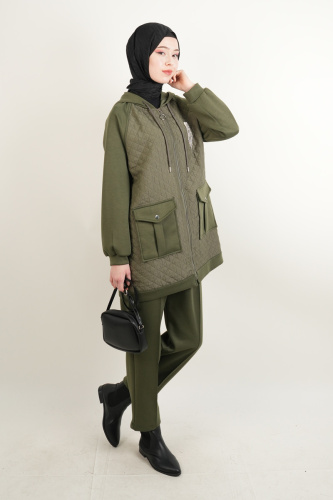 Taş Broşlu 2 li Kapitone Detaylı Takım Koyu Haki - 03Kız Kulesi Teks