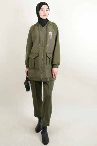 Taş Broşlu 2 li Kapitone Detaylı Takım Koyu Haki - 03Kız Kulesi Teks (1)