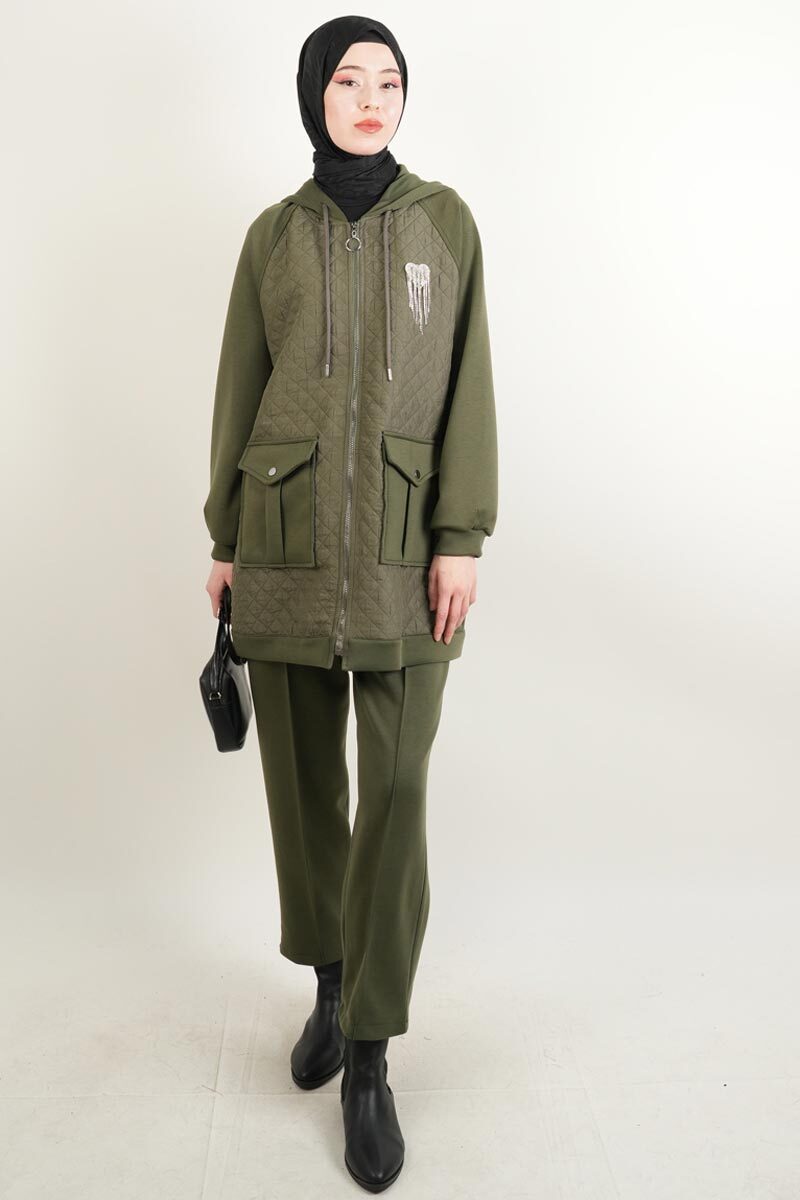 Taş Broşlu 2 li Kapitone Detaylı Takım Koyu Haki - 2