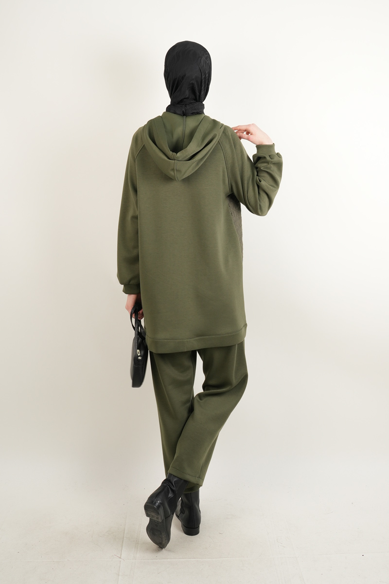 Taş Broşlu 2 li Kapitone Detaylı Takım Koyu Haki - 3