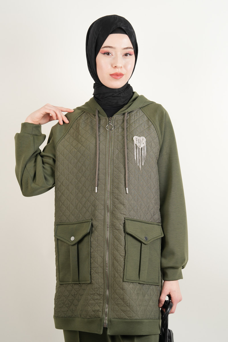 Taş Broşlu 2 li Kapitone Detaylı Takım Koyu Haki - 4