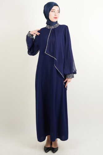 Taş İşlemeli Son Model Tesettür Abiye Yeni Çıkan Nişan ve Kapalı Söz Kıyafeti Lacivert - 03Kız Kulesi Teks