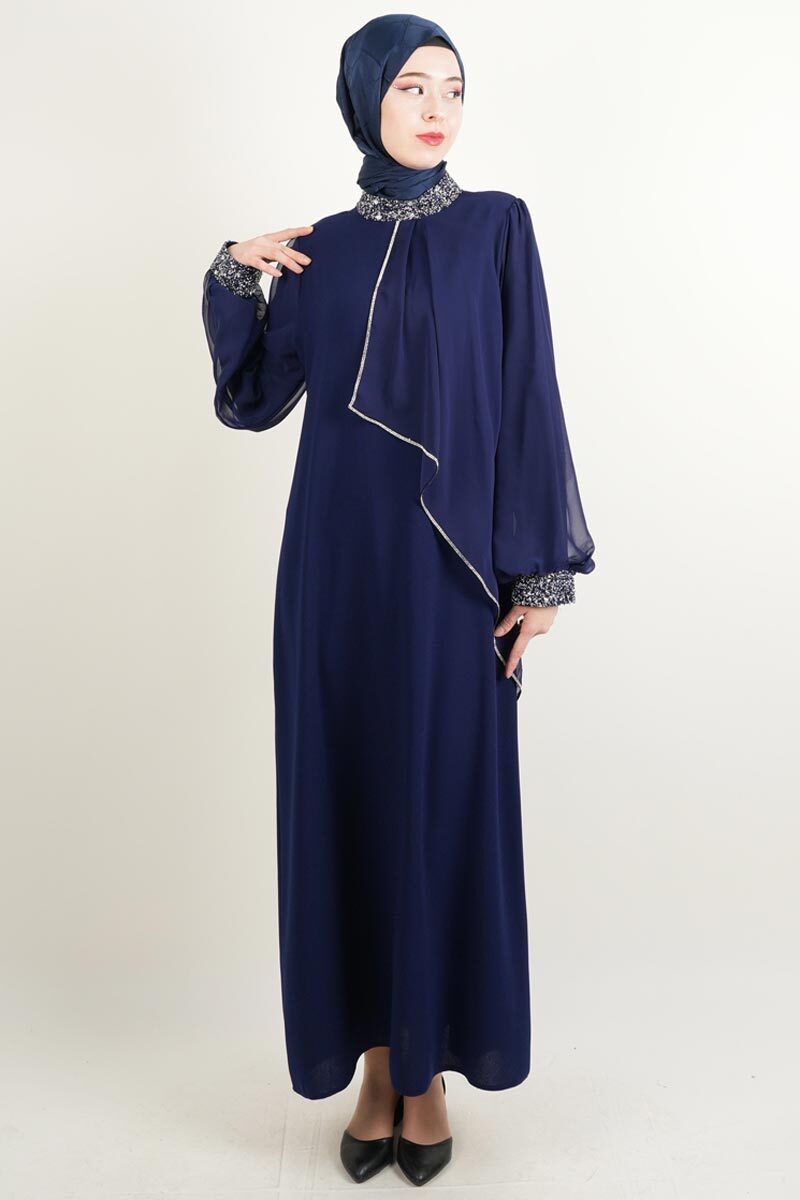 Taş İşlemeli Son Model Tesettür Abiye Yeni Çıkan Nişan ve Kapalı Söz Kıyafeti Lacivert - 1