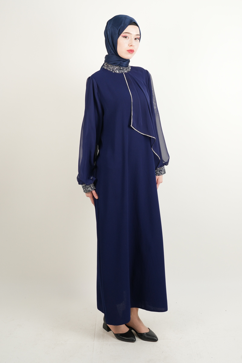 Taş İşlemeli Son Model Tesettür Abiye Yeni Çıkan Nişan ve Kapalı Söz Kıyafeti Lacivert - 2