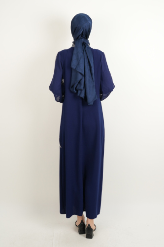 Taş İşlemeli Son Model Tesettür Abiye Yeni Çıkan Nişan ve Kapalı Söz Kıyafeti Lacivert - 3