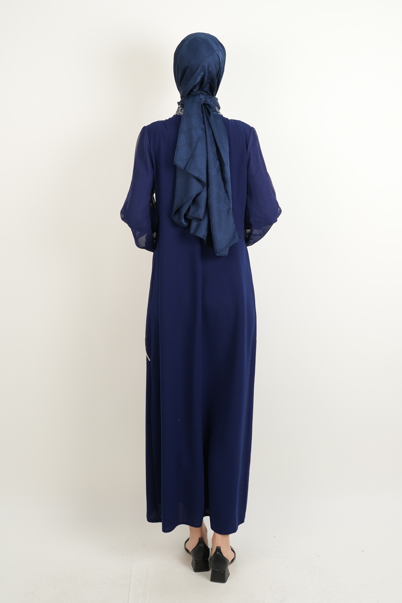 Taş İşlemeli Son Model Tesettür Abiye Yeni Çıkan Nişan ve Kapalı Söz Kıyafeti Lacivert - 3