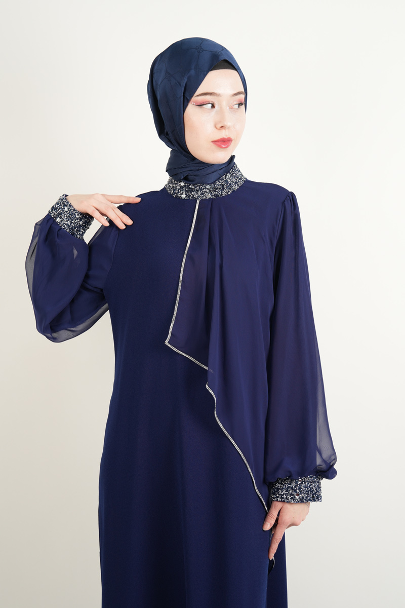 Taş İşlemeli Son Model Tesettür Abiye Yeni Çıkan Nişan ve Kapalı Söz Kıyafeti Lacivert - 4