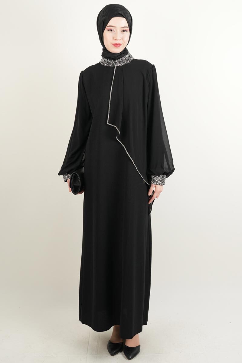 Taş İşlemeli Son Model Tesettür Abiye Yeni Çıkan Nişan ve Kapalı Söz Kıyafeti Siyah - 1