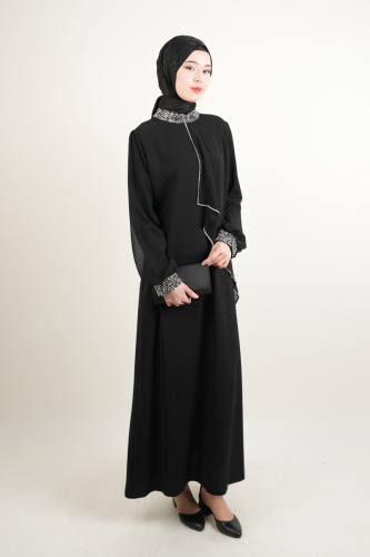 Taş İşlemeli Son Model Tesettür Abiye Yeni Çıkan Nişan ve Kapalı Söz Kıyafeti Siyah - 03Kız Kulesi Teks (1)