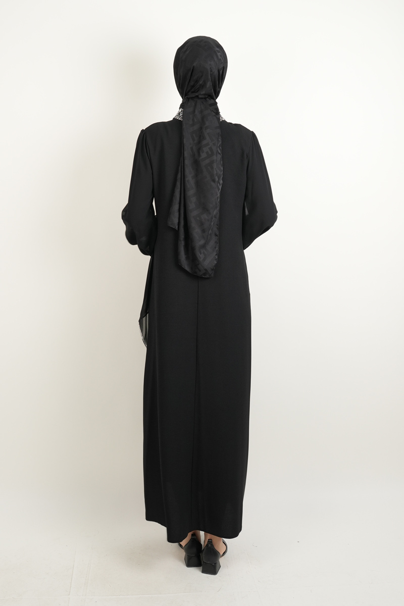 Taş İşlemeli Son Model Tesettür Abiye Yeni Çıkan Nişan ve Kapalı Söz Kıyafeti Siyah - 3