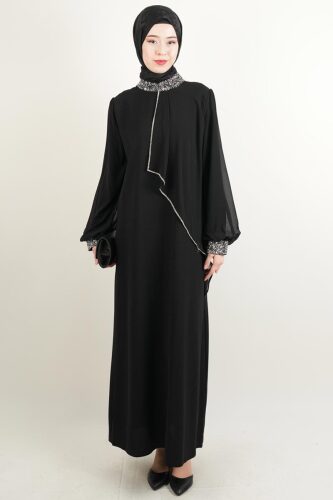 Taş İşlemeli Son Model Tesettür Abiye Yeni Çıkan Nişan ve Kapalı Söz Kıyafeti Siyah - 03Kız Kulesi Teks
