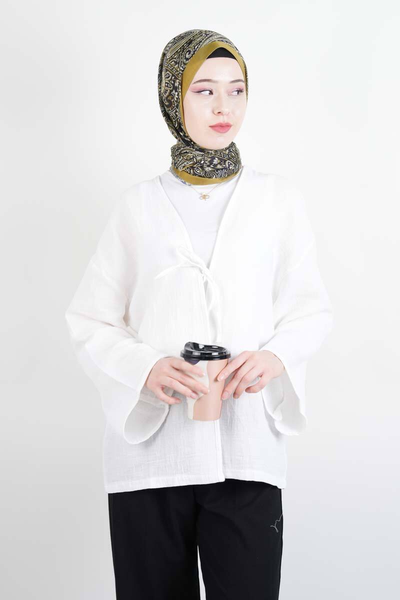 Tesetttür Ceket Tek Bağcıklı Müslin Kimono Ceket Beyaz - 1