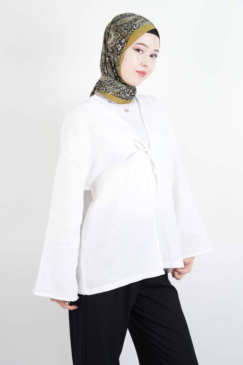 Tesetttür Ceket Tek Bağcıklı Müslin Kimono Ceket Beyaz - 2