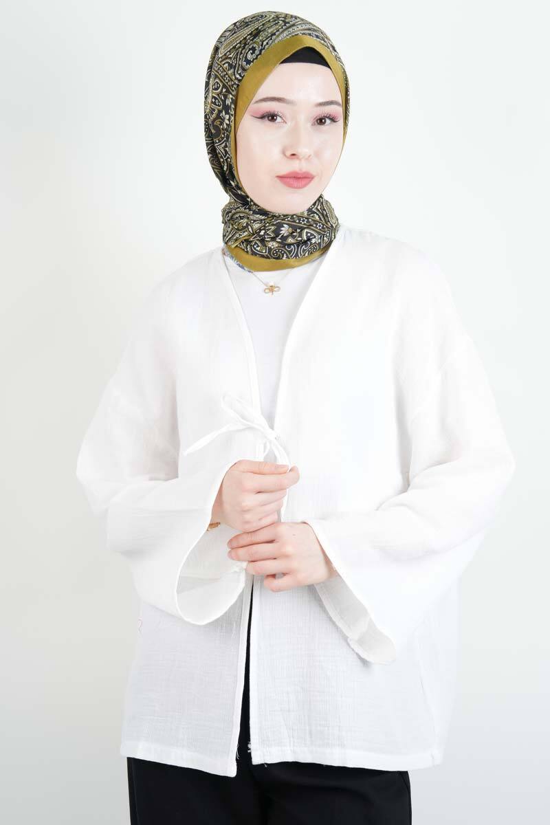 Tesetttür Ceket Tek Bağcıklı Müslin Kimono Ceket Beyaz - 4