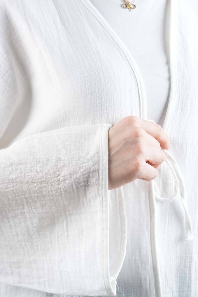 Tesetttür Ceket Tek Bağcıklı Müslin Kimono Ceket Beyaz - 5