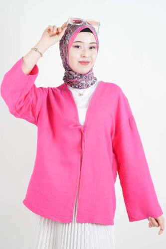 Tesetttür Ceket Tek Bağcıklı Müslin Kimono Ceket Pembe 