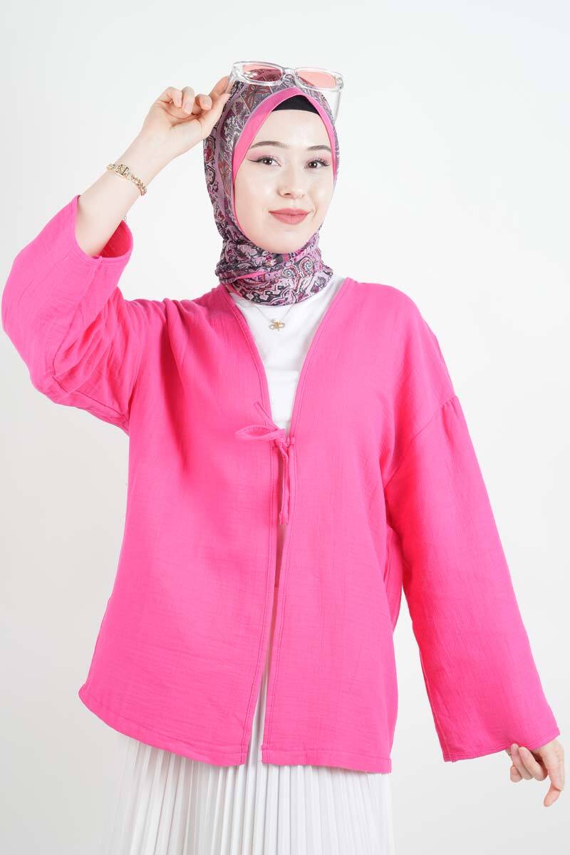 Tesetttür Ceket Tek Bağcıklı Müslin Kimono Ceket Pembe - 1