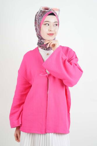 Tesetttür Ceket Tek Bağcıklı Müslin Kimono Ceket Pembe - 2