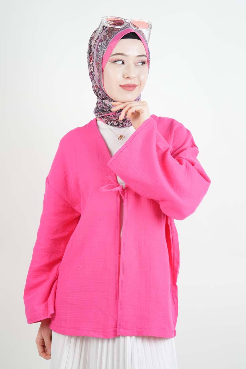 Tesetttür Ceket Tek Bağcıklı Müslin Kimono Ceket Pembe - 2
