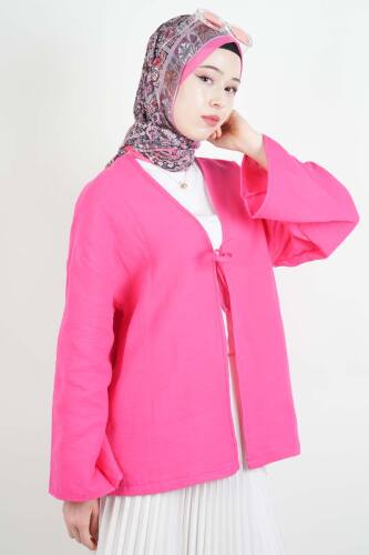 Tesetttür Ceket Tek Bağcıklı Müslin Kimono Ceket Pembe - 3