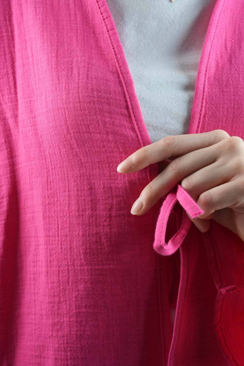 Tesetttür Ceket Tek Bağcıklı Müslin Kimono Ceket Pembe - 5