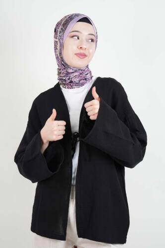 Tesetttür Ceket Tek Bağcıklı Müslin Kimono Ceket Siyah 