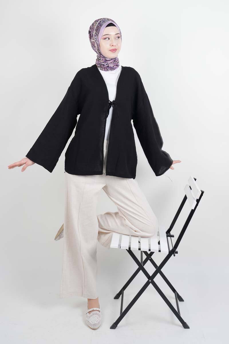 Tesetttür Ceket Tek Bağcıklı Müslin Kimono Ceket Siyah - 2
