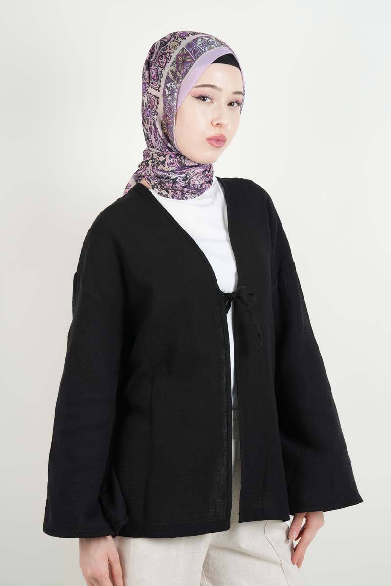 Tesetttür Ceket Tek Bağcıklı Müslin Kimono Ceket Siyah - 3