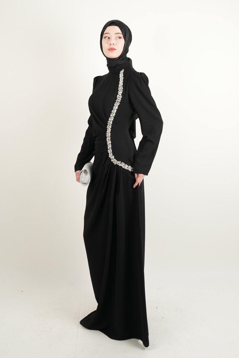 Tesettür Abiye Midye Taş İşlemeli S Model Krep Abiye Siyah - 3