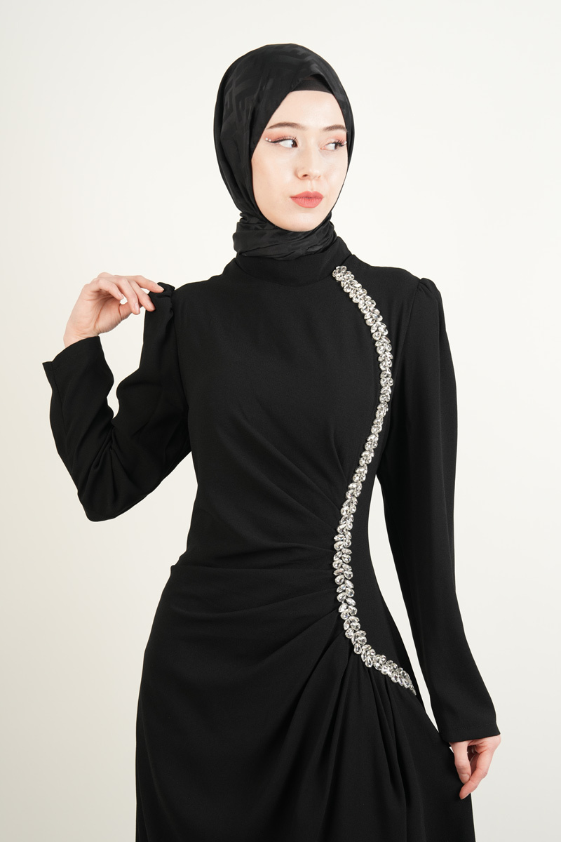 Tesettür Abiye Midye Taş İşlemeli S Model Krep Abiye Siyah - 4