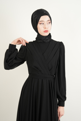 Tesettür Abiye Sade V Dökümlü Prenses Abiye Siyah - 4
