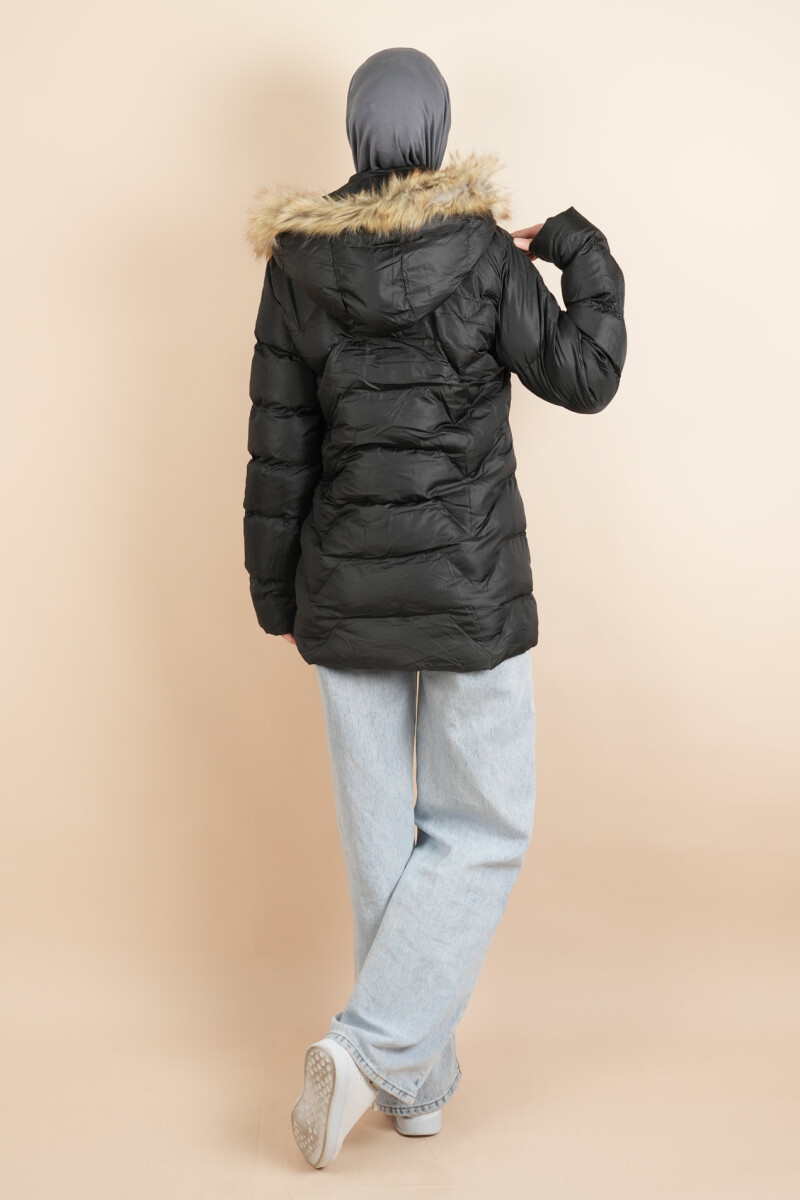 Tesettür Araboy Şişme Mont Zigzag Desenli Kapüşonlu Şişme Mont Siyah - 3