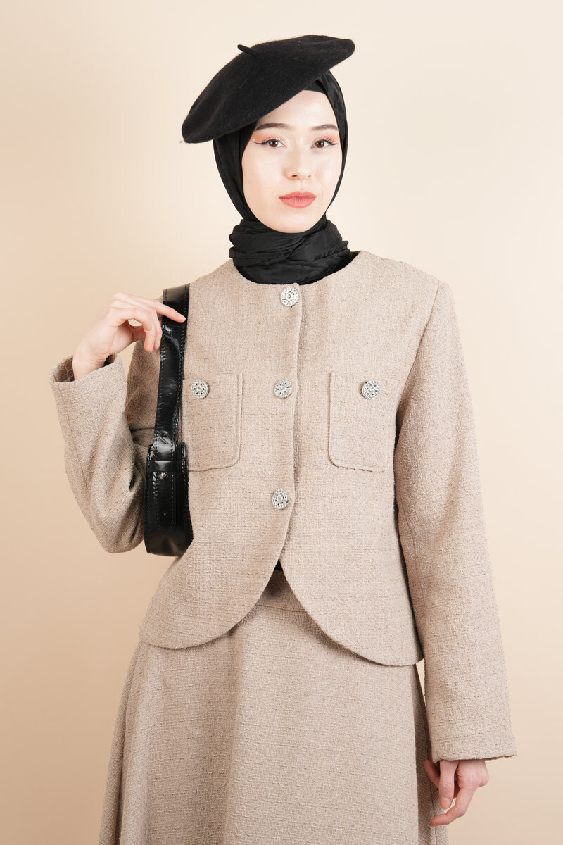 Tesettür Blazer Etekli Takım Taş Düğmeli Blazer Takım Krem - 3