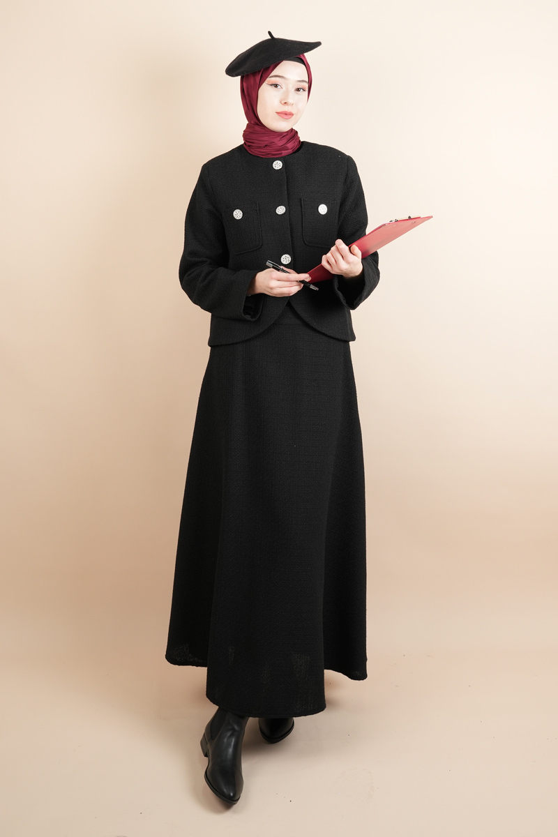 Tesettür Blazer Etekli Takım Taş Düğmeli Blazer Takım Siyah - 1