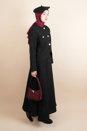 Tesettür Blazer Etekli Takım Taş Düğmeli Blazer Takım Siyah - 2