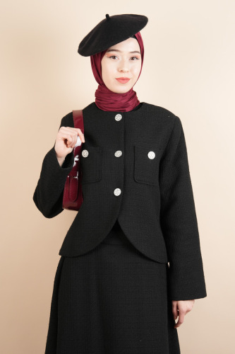Tesettür Blazer Etekli Takım Taş Düğmeli Blazer Takım Siyah - 4