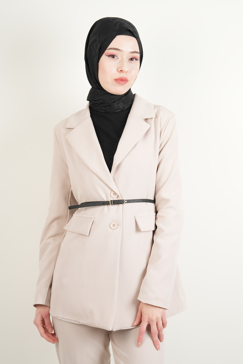 Tesettür Blazer Takım Kemerli 2 li Takım Bej - 3