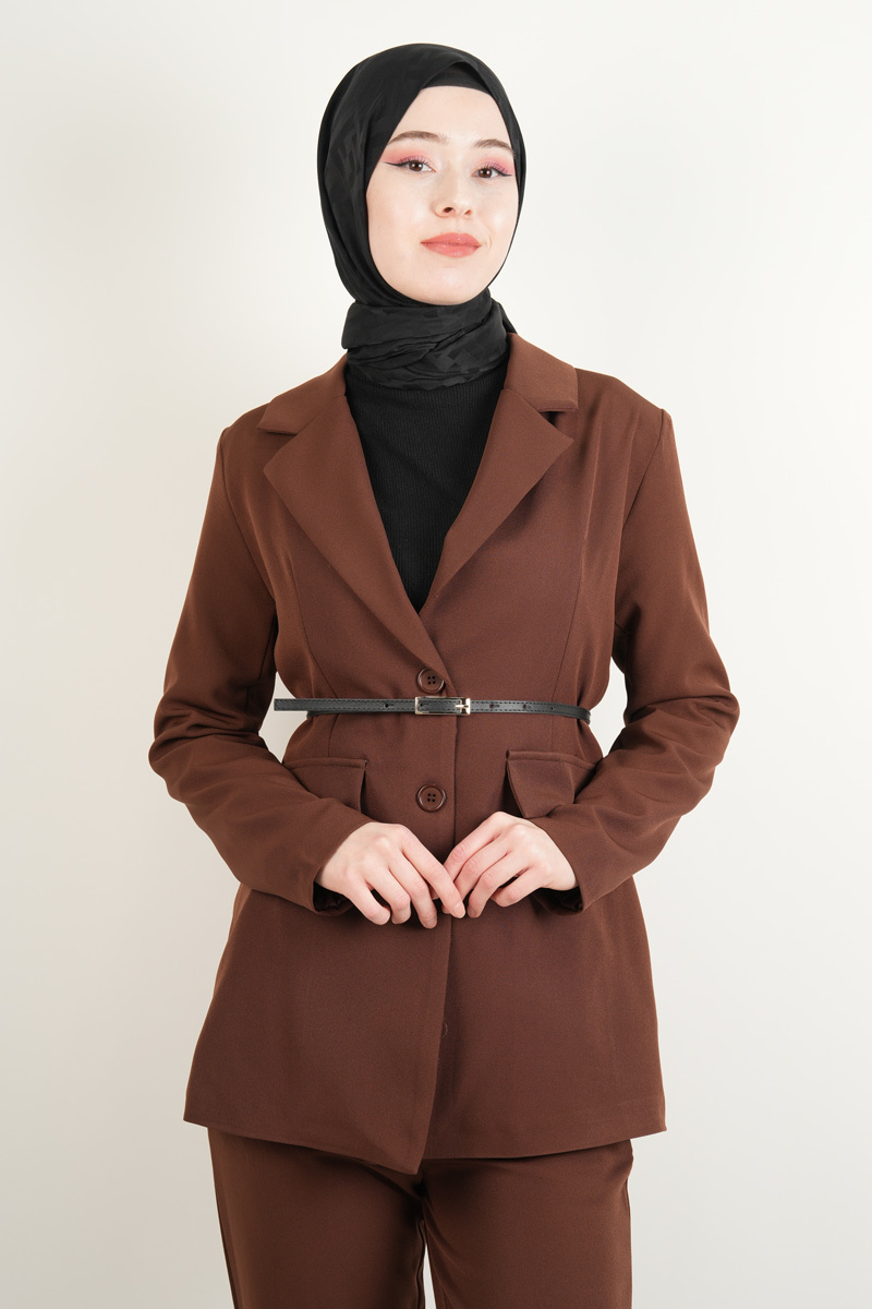 Tesettür Blazer Takım Kemerli 2 li Takım Kahverengi - 3