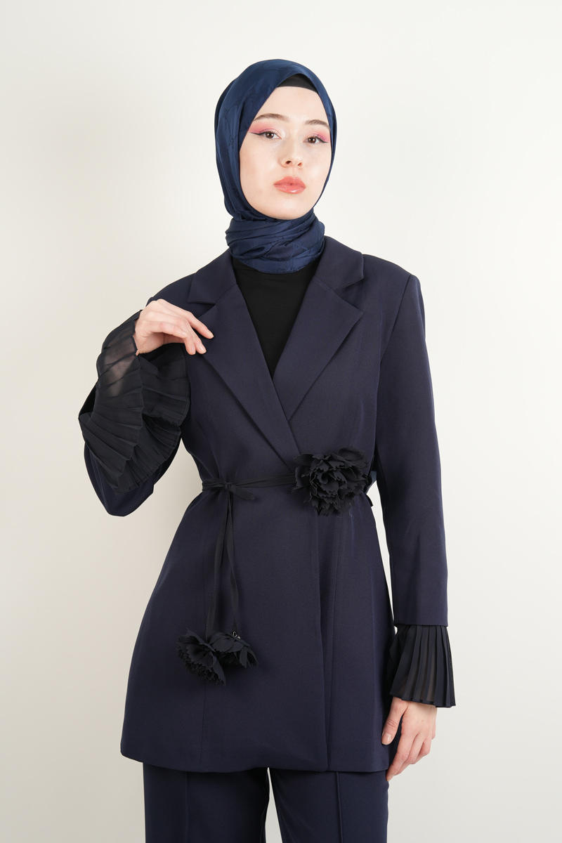 Tesettür Blazer Takım Kol Şifon Pileli 2 li Takım Lacivert - 3