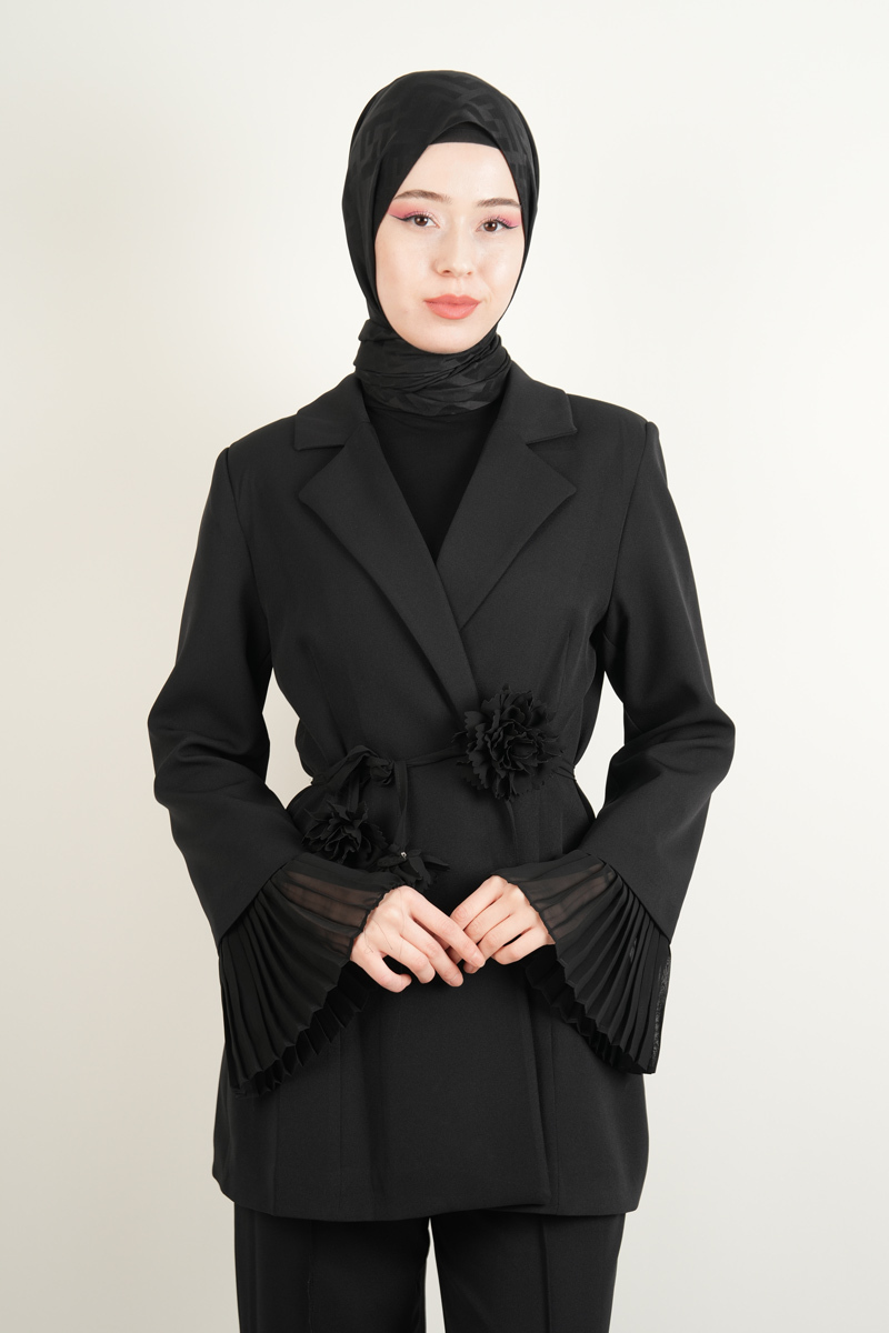 Tesettür Blazer Takım Kol Şifon Pileli 2 li Takım Siyah - 3