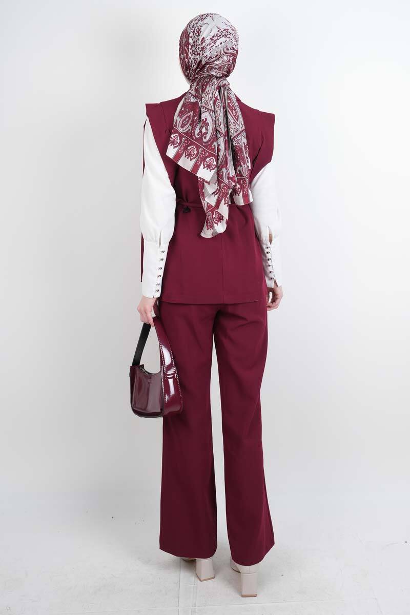 Tesettür Blazer Takım Omuz Tasarım Yelekli Blazer İkili Takım Bordo - 3